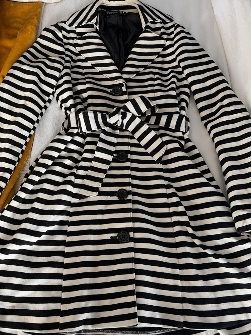 Forever 21 Black and White Striped Belted Dress Coat